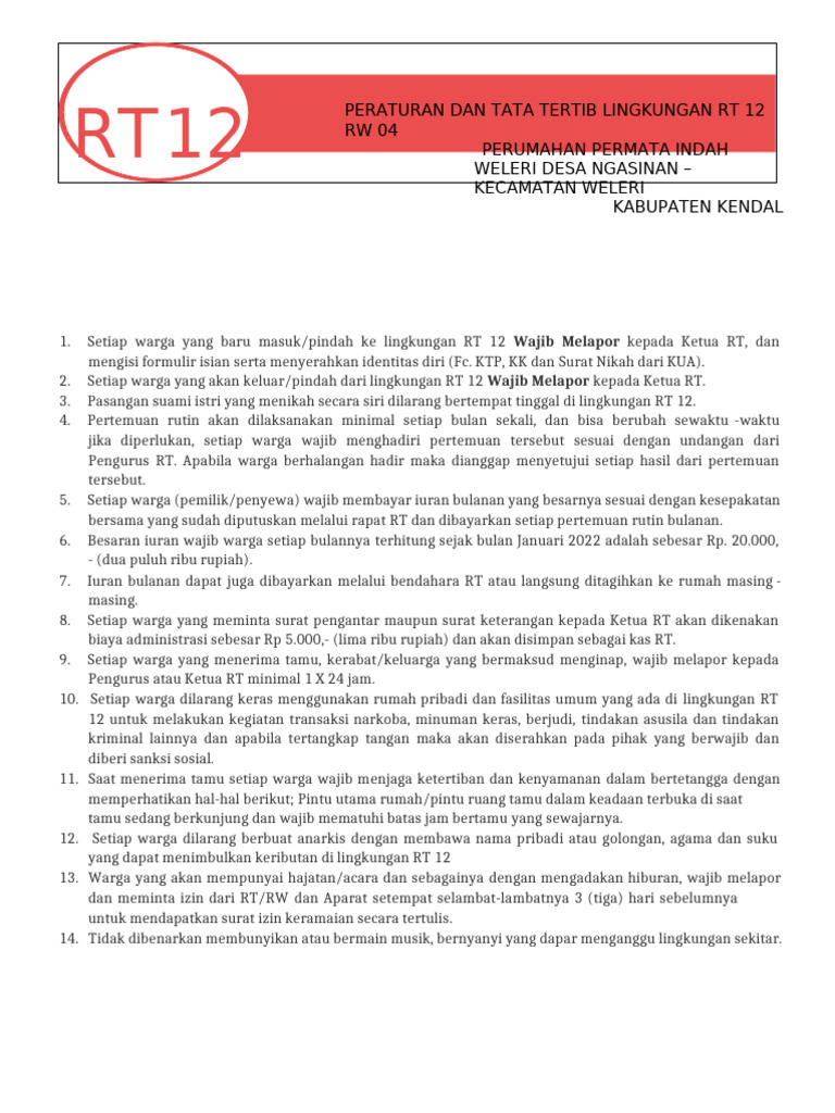 Peraturan Dan Tata Tertib RT 12-2 | PDF