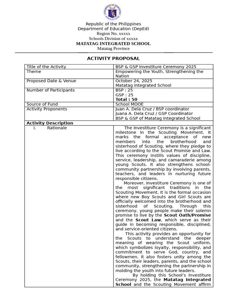 Activity Proposal BSP & GSP Investiture Ceremony | PDF | Scouting ...