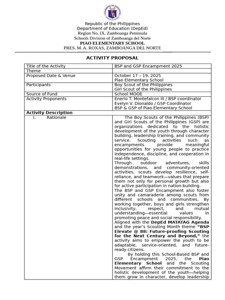Activity Proposal BSP Jamborally and GSP Encampment | PDF