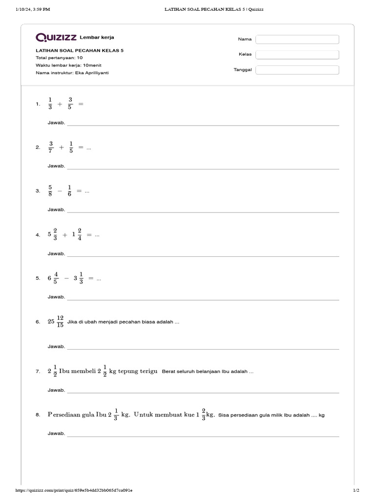 Latihan Soal Pecahan Kelas 5 - Quizizz | PDF