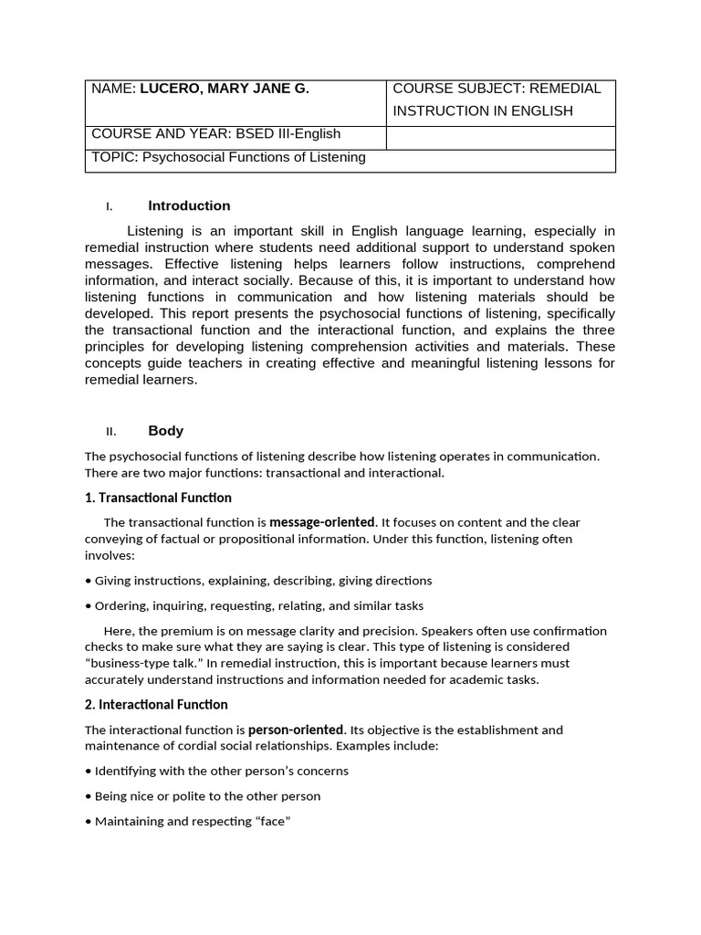 Written ReportLUCERO MJLPsychosocial Functionsof Listening | PDF ...