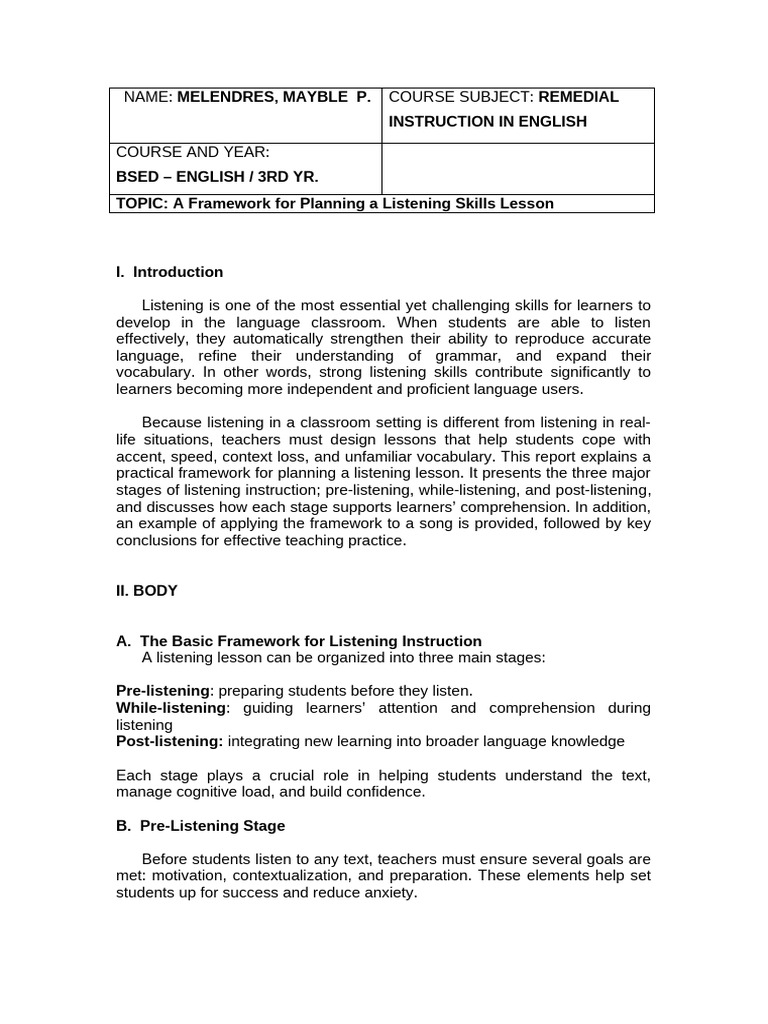 MELENDRES MAYBLE P. A Framework For Planning A Listening Skills Lesson ...
