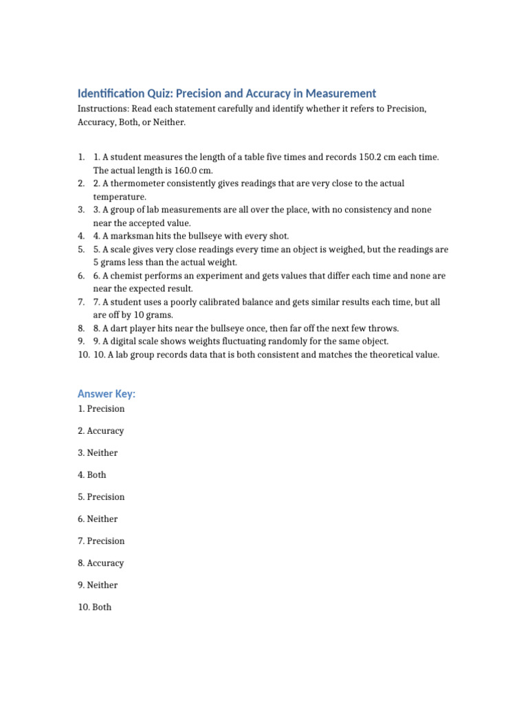 Precision and Accuracy Quiz | PDF