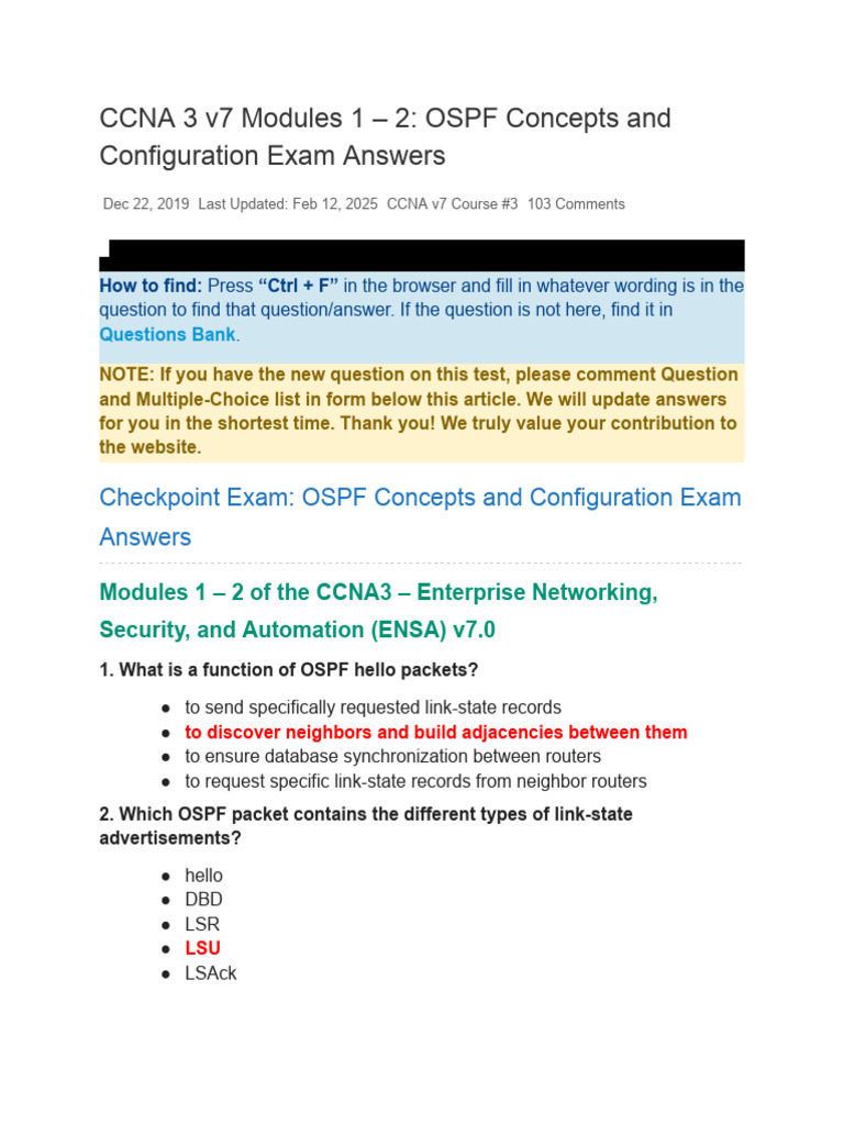 CCNA 3 v7 Modules 1 - 2 - OSPF Concepts and Configuration Exam Answers ...