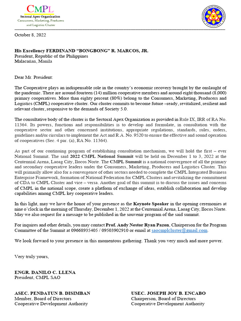 CMPL Summit Letter For President Marcos | PDF | Cooperative | Philippines