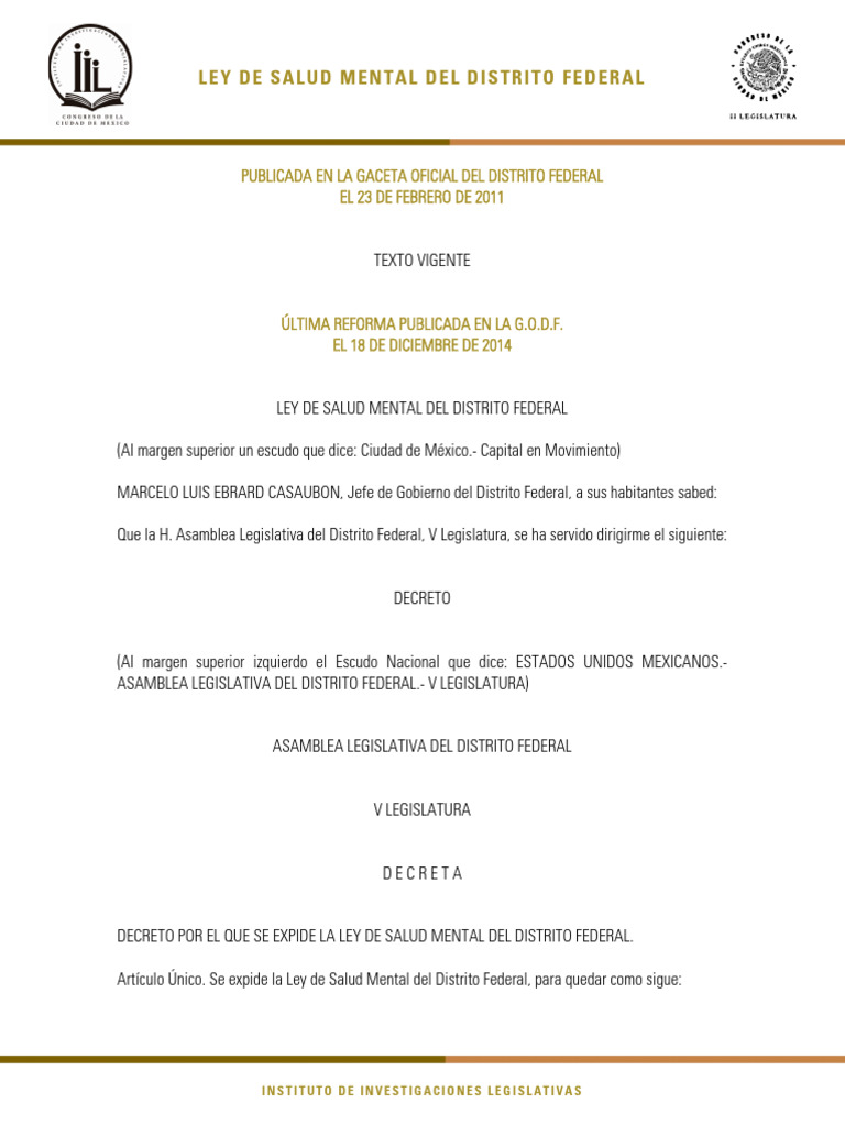 Ley de Salud Mental Del Distrito Federal | PDF | Cuidado de la salud ...