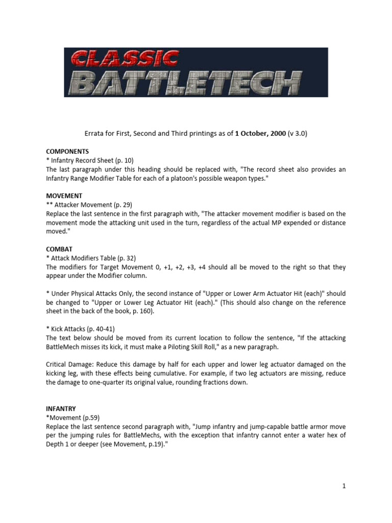Errata - BattleTech Master Rules | PDF | Battle Tech | Warfare