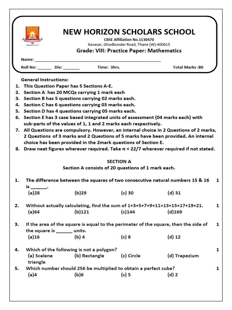Grade 8 Practice Paper Mathematics | PDF | Rectangle | Area