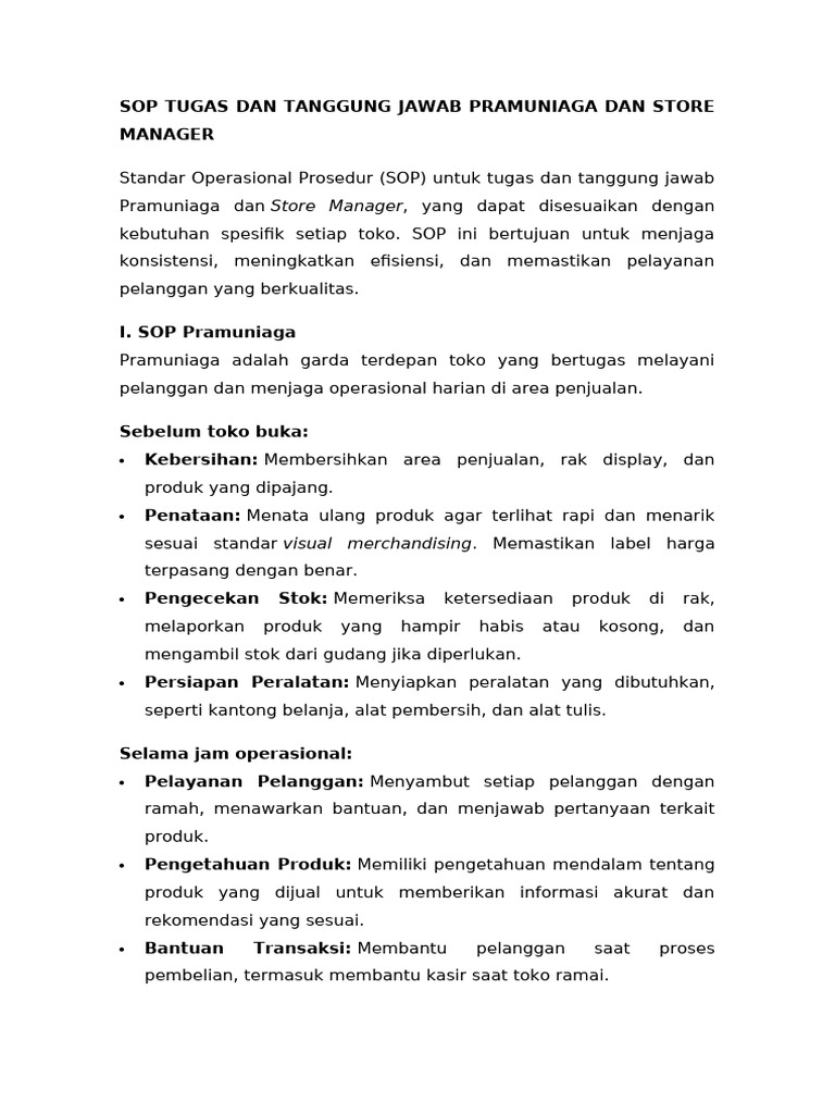 Sop Tugas Dan Tanggung Jawab Pramuniaga Dan Store Manager | PDF