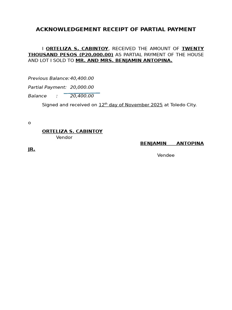 Acknowledgement Receipt of Partial Payment | PDF