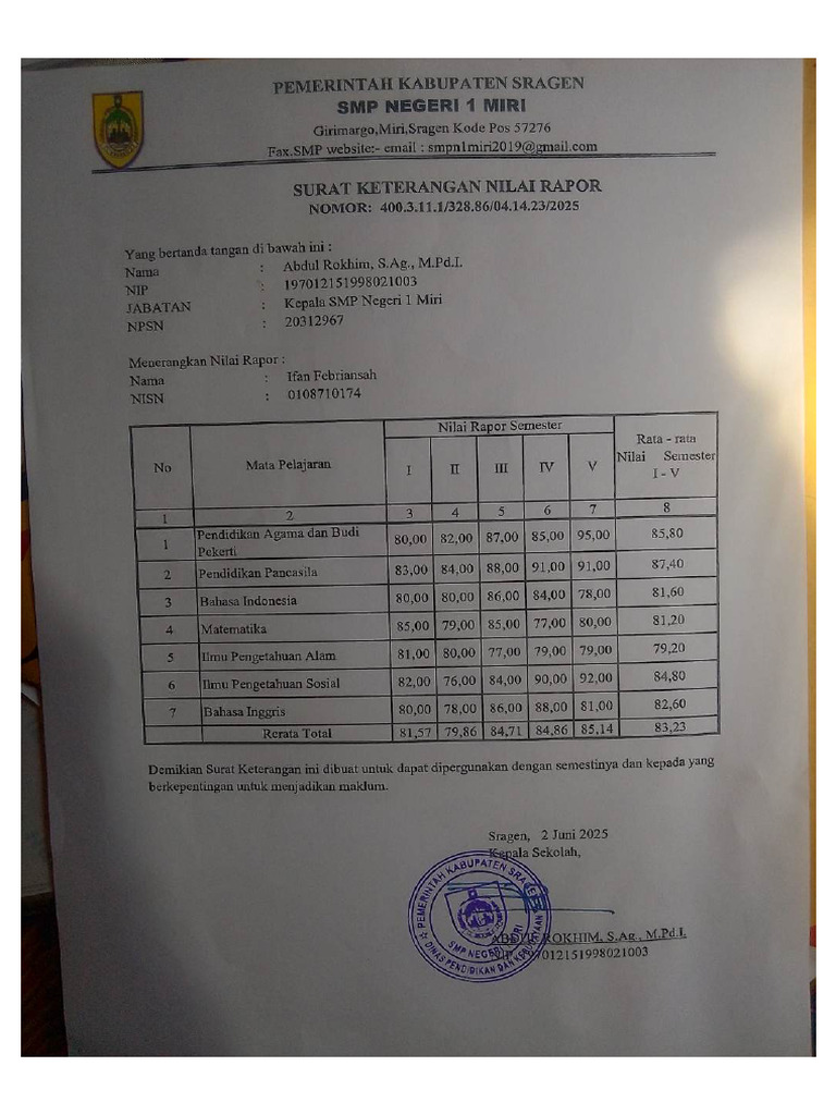 Surat Keterangan Nilai Rapot | PDF