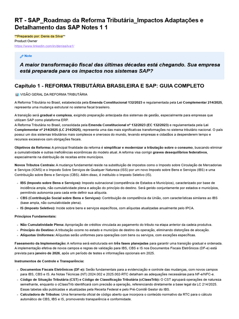 Roadmap Reforma Tribut Ria SAP NOTES 1756309394 | PDF | Impostos