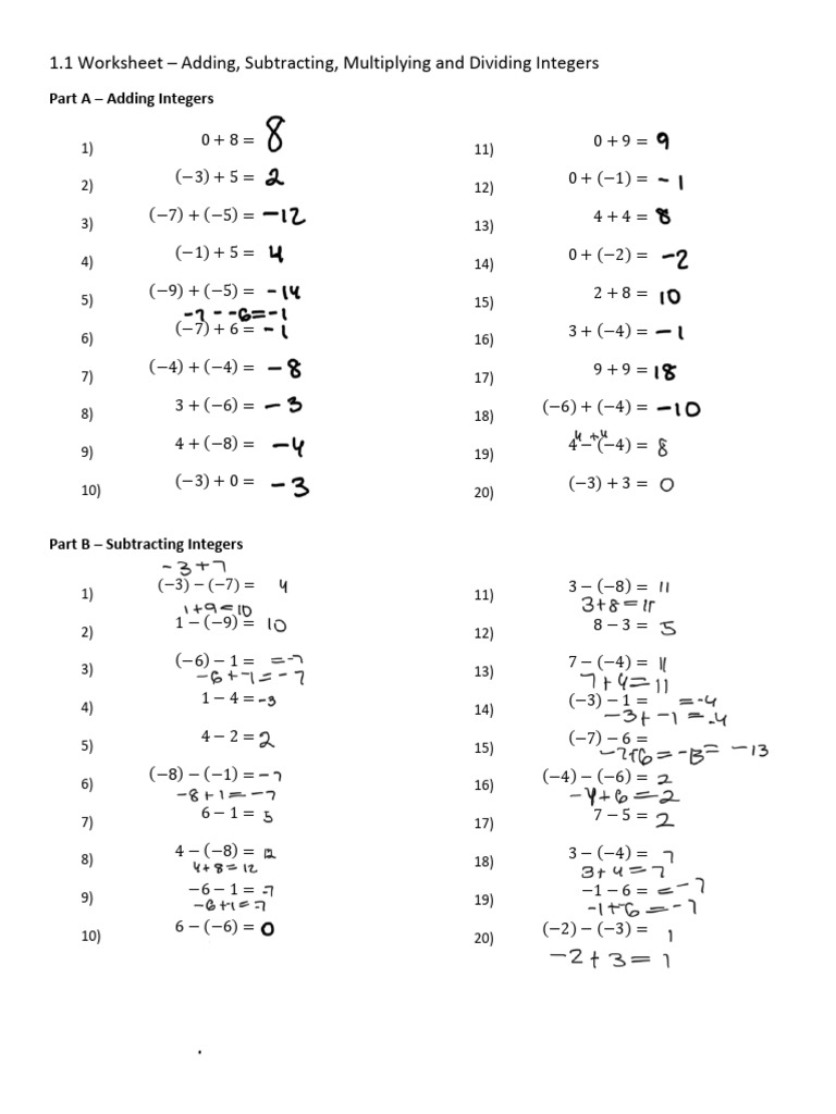 1.1 Integers Worksheet | PDF | Multiplication | Abstract Algebra
