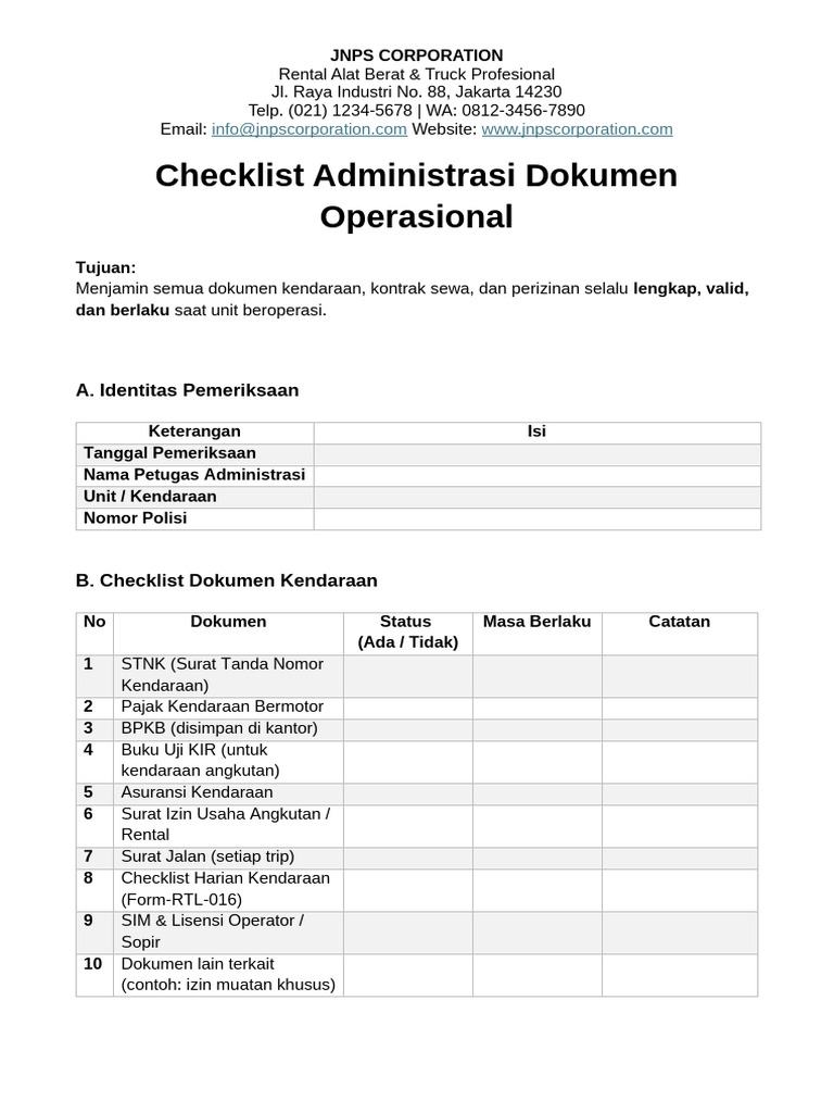 Checklist Administrasi Dokumen Operasional | PDF