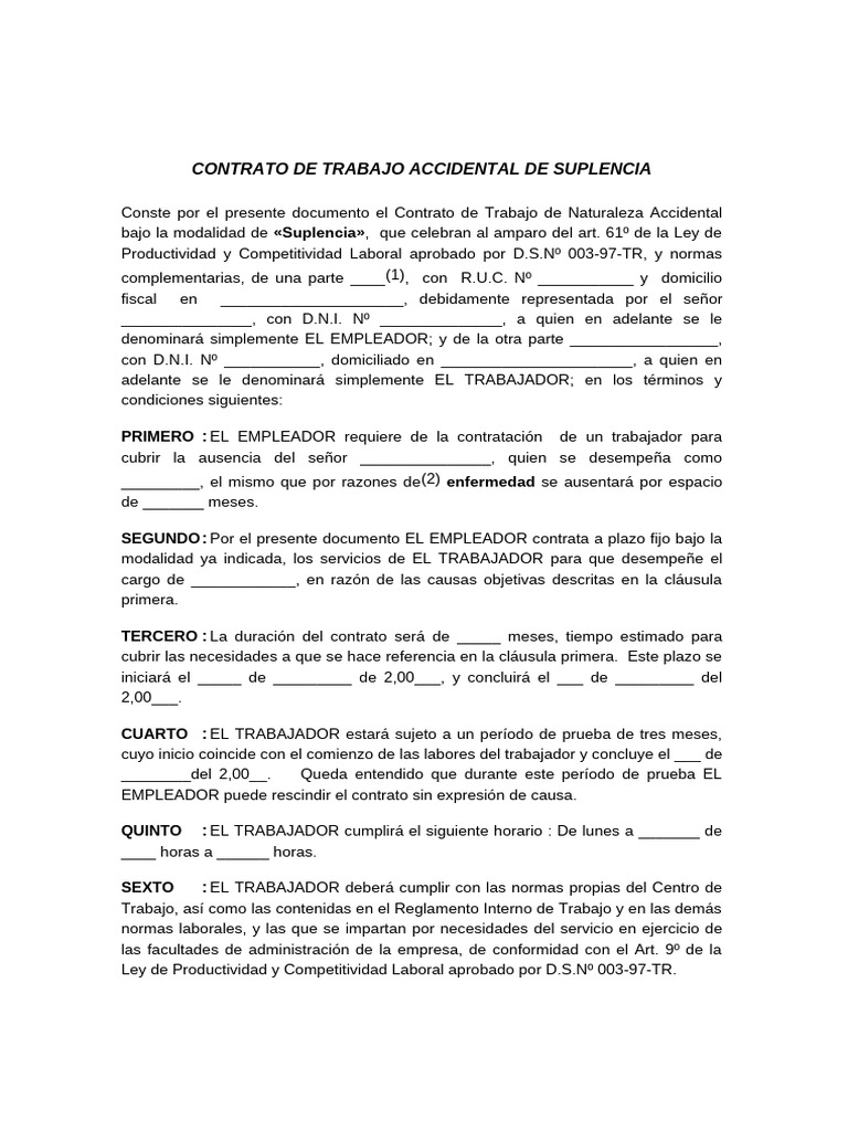 MOdelo de Contrato de Trabajo Accidental de Suplencia | PDF | Derecho ...