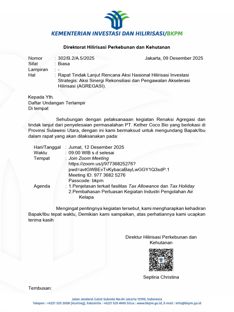 Undangan Rapat Fasilitasi PT. Kether Coco Bio | PDF