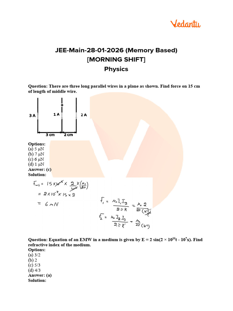 JEE Mains 2026 Jan 28 Shift 1 Physics Question Paper With Answer Key ...