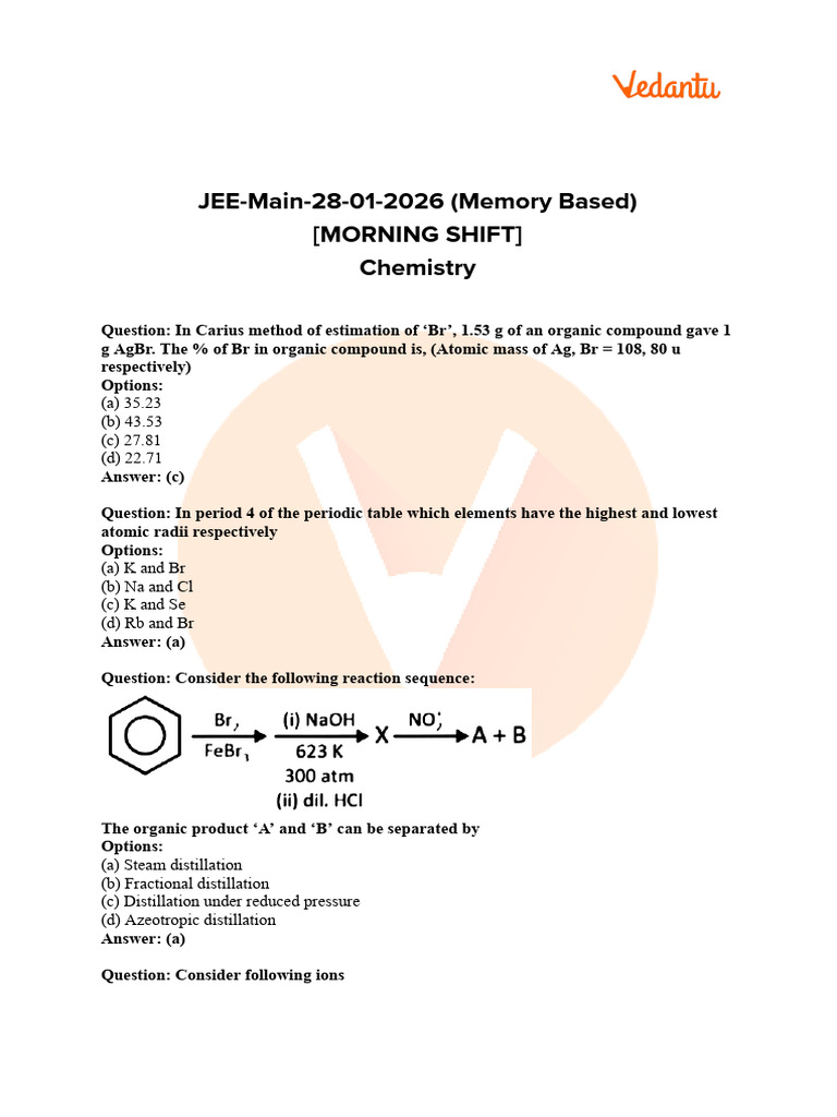 JEE Main 2026 Jan 28 Shift 1 Chemistry Question Paper With Solutions ...