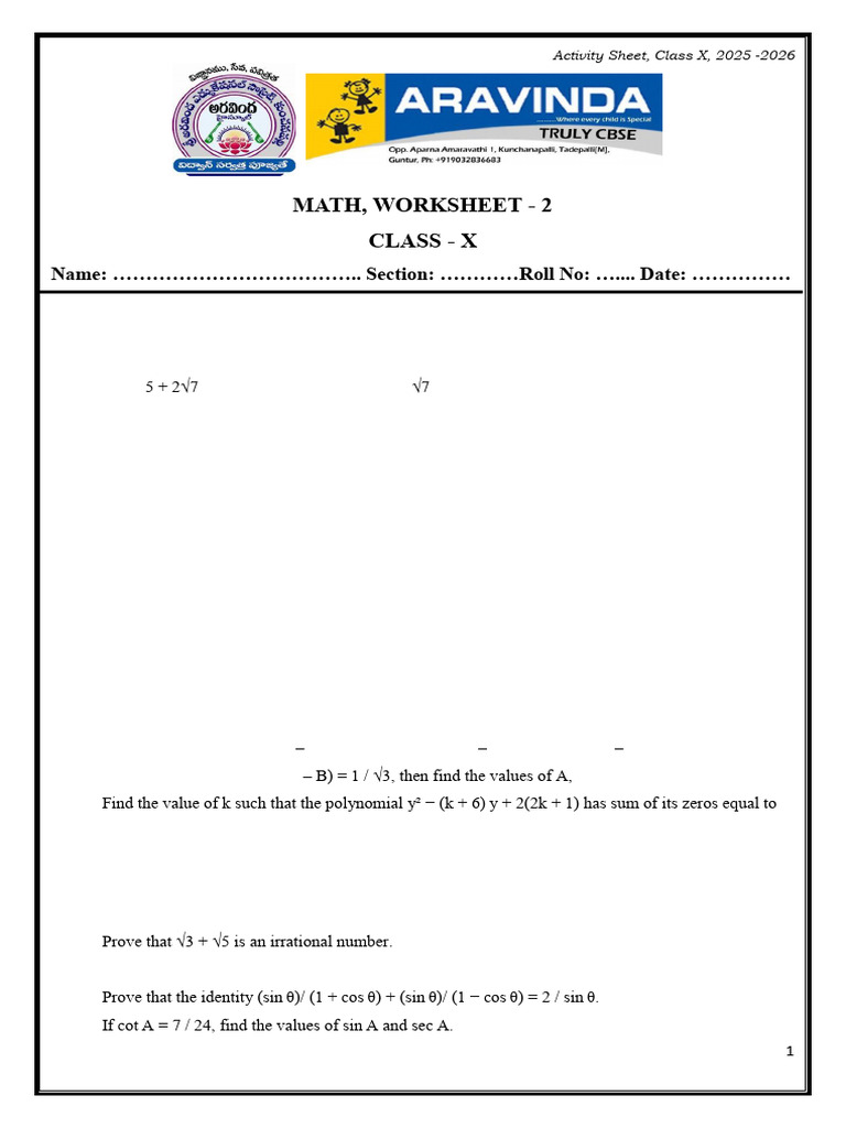10th MATH _Worksheet_2 | PDF | Circle | Polynomial