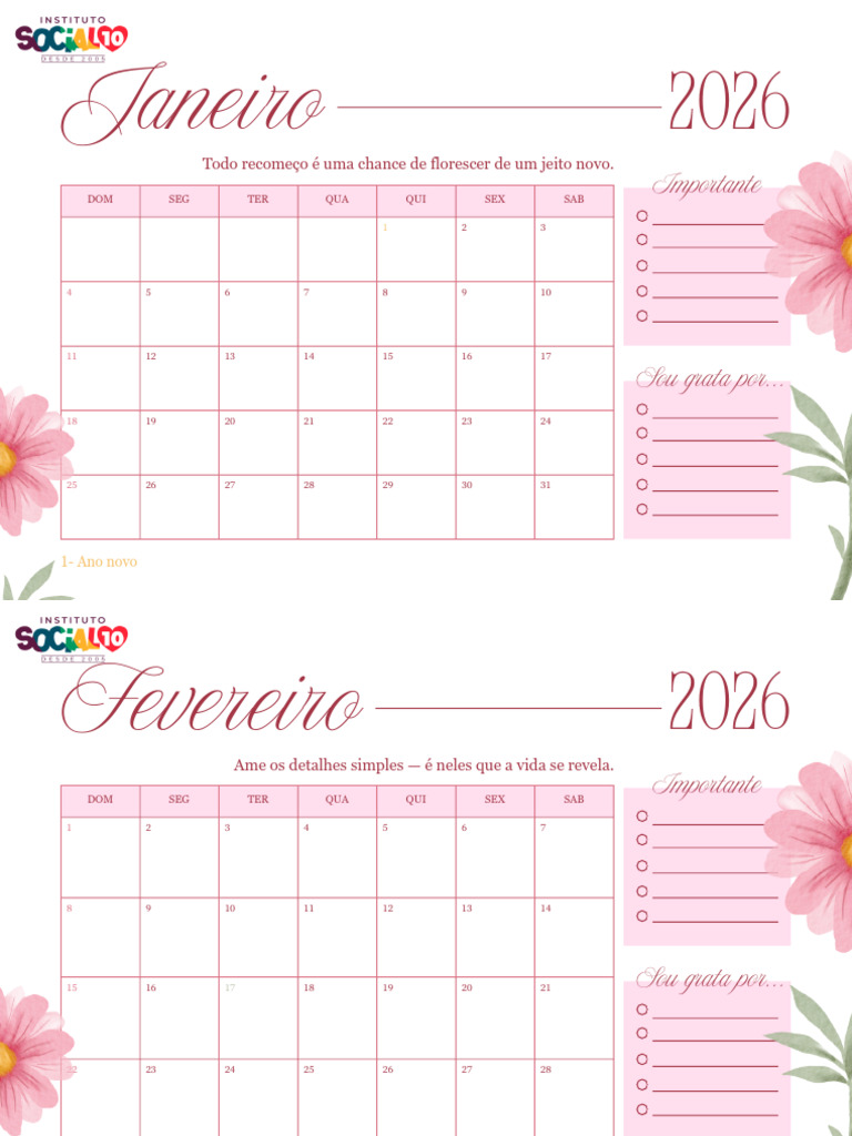 Calendário Mensal 2026 Floral TRIMESTRE 1 | PDF