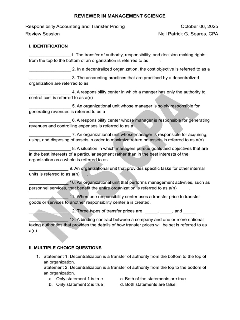 Responsibility Accounting and Transfer Pricing - Seares | PDF | Cost ...