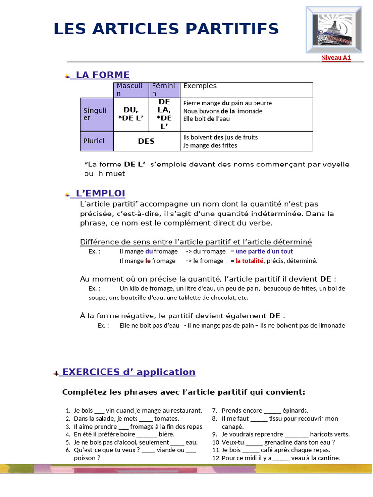 Les Articles Partitifs Exercice Grammatical - 61456 | PDF | Nourritures ...