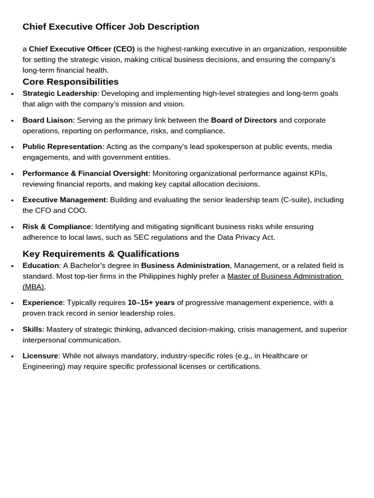 Chief Executive Officer Job Description | PDF