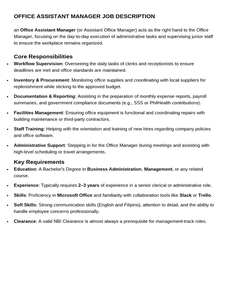 Assistant Office Manager Job Description | PDF
