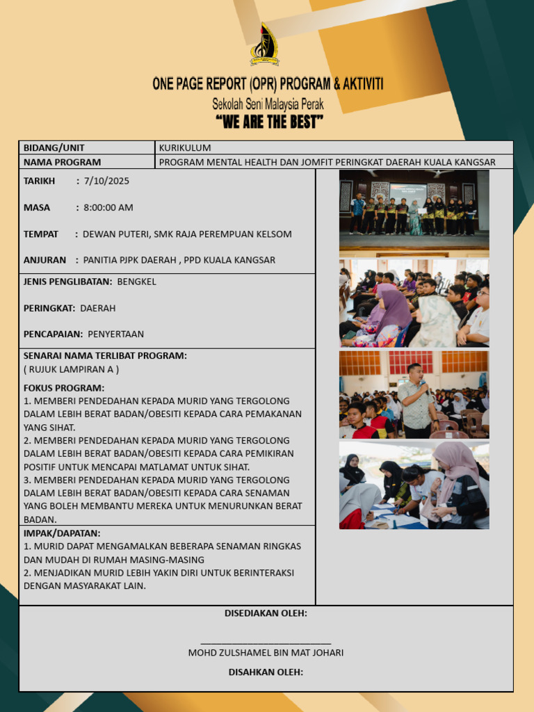 Opr Program Mental Health Dan Jomfit Sekolah Seni Malaysia Perak | PDF