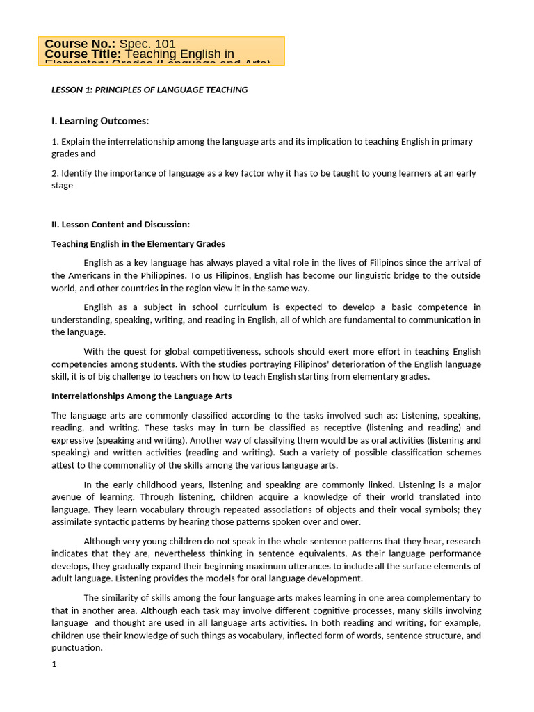 Lesson 1.teaching English in The Elementary Grades | PDF | Teachers ...