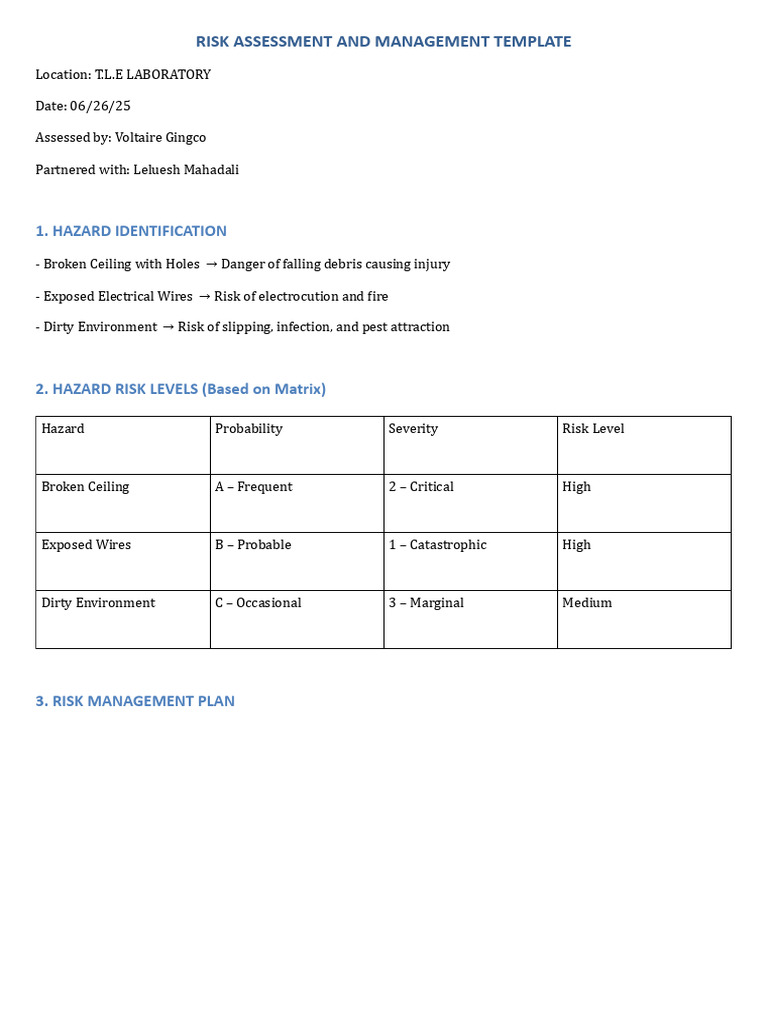 Risk Assessment Template TLE Lab | PDF