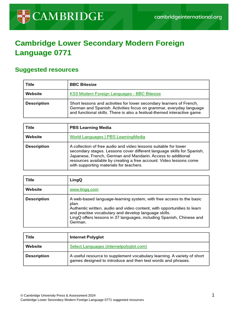 0771 Lower Secondary Modern Foreign Language Suggested Resources ...