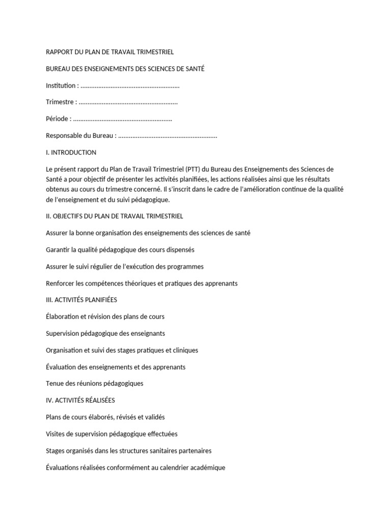 Rapport Du Plan | PDF | Pédagogie | Enseignement