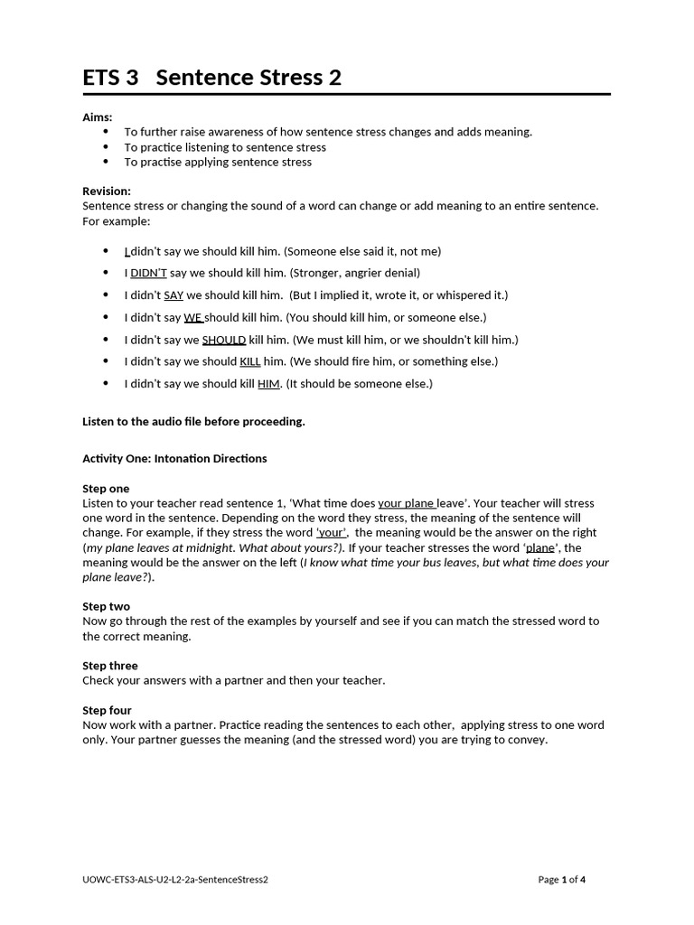 Unit2 L2-2a ETS3ALS Sentence Stress 2 | PDF