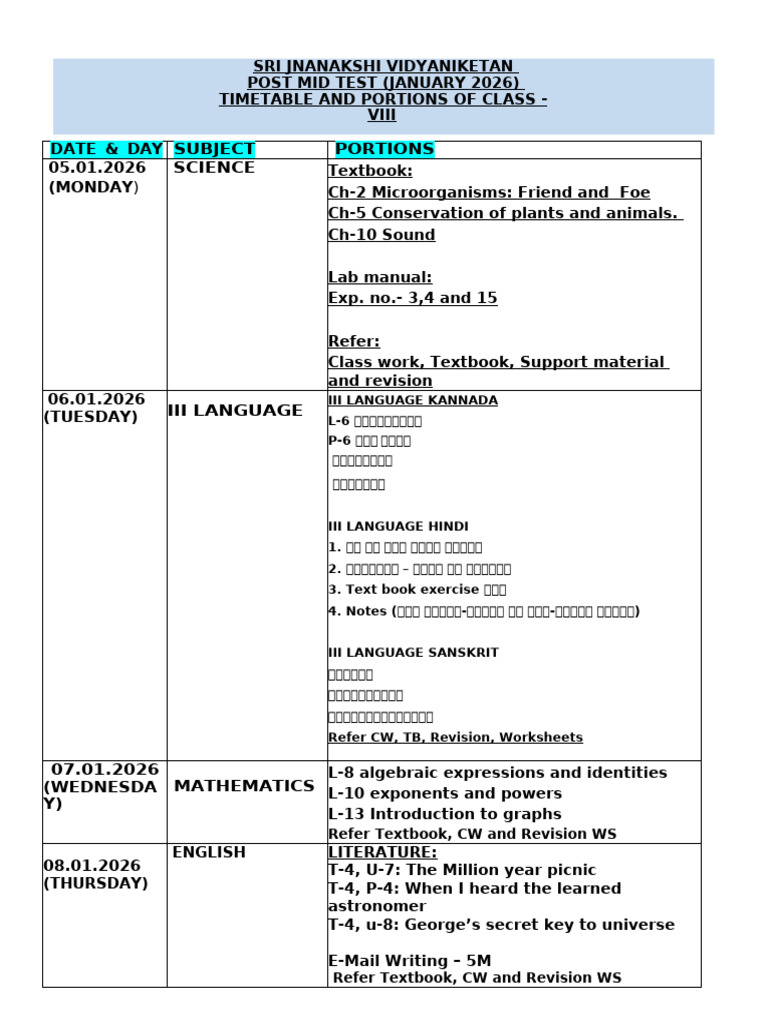 Post Mid Portions and Timetable | PDF