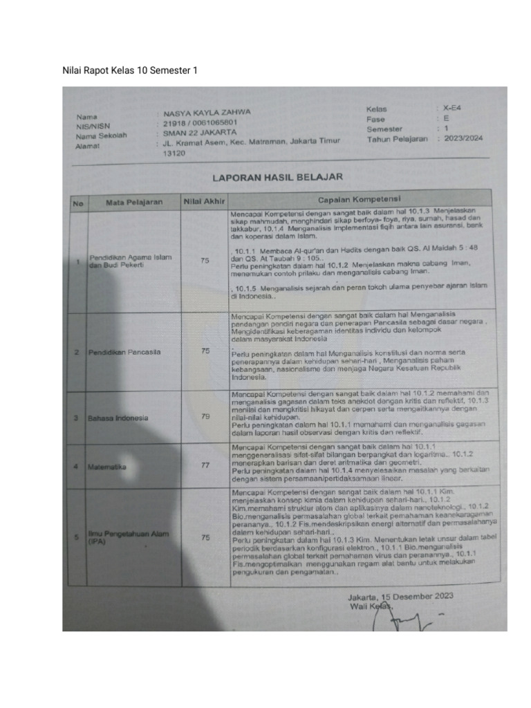 Nilai Rapot - 01192016 | PDF