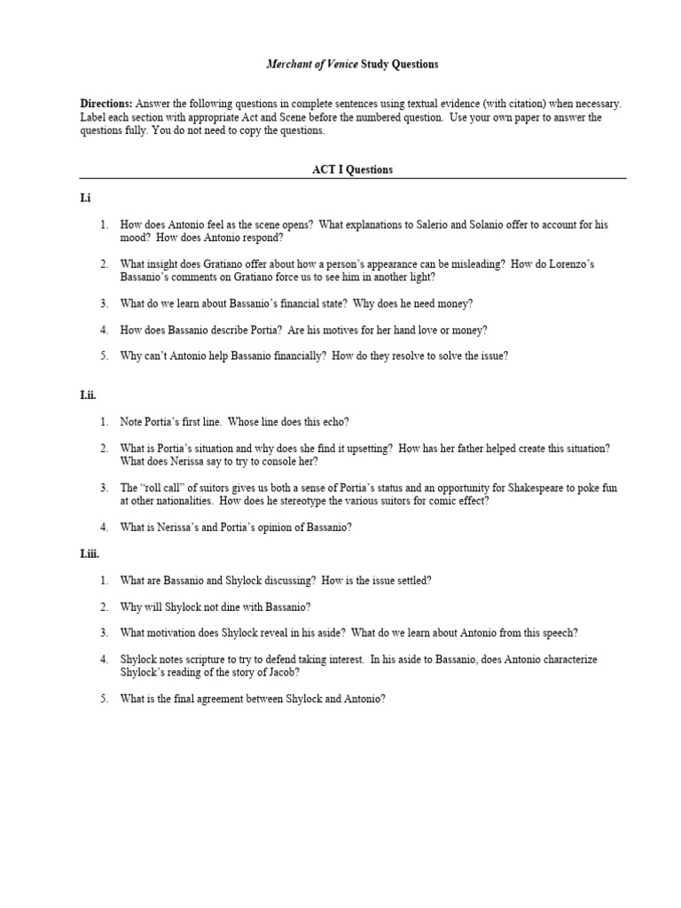 323215522 Merchant of Venice Study Questions | PDF | The Merchant Of Venice