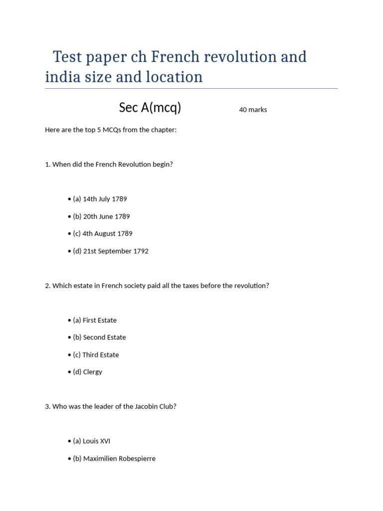 Test Paper Ch French Revolution and India Sie and Location | PDF ...