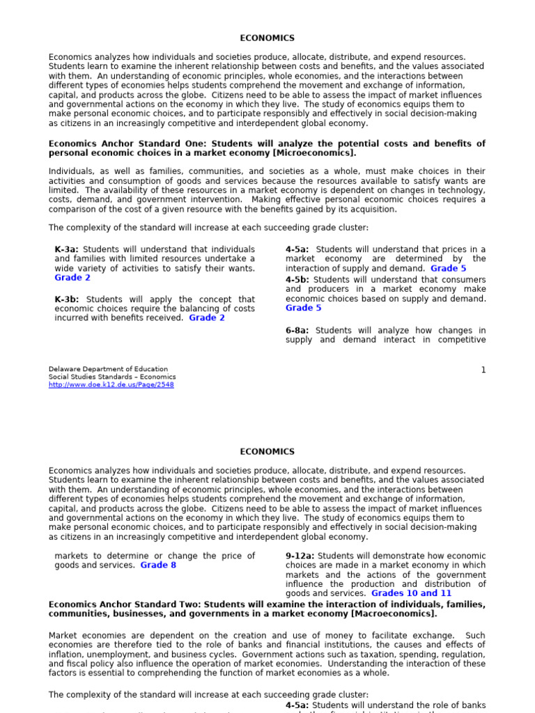 DE K-12 Economics Standards 2018 | PDF | Economics | Market (Economics)