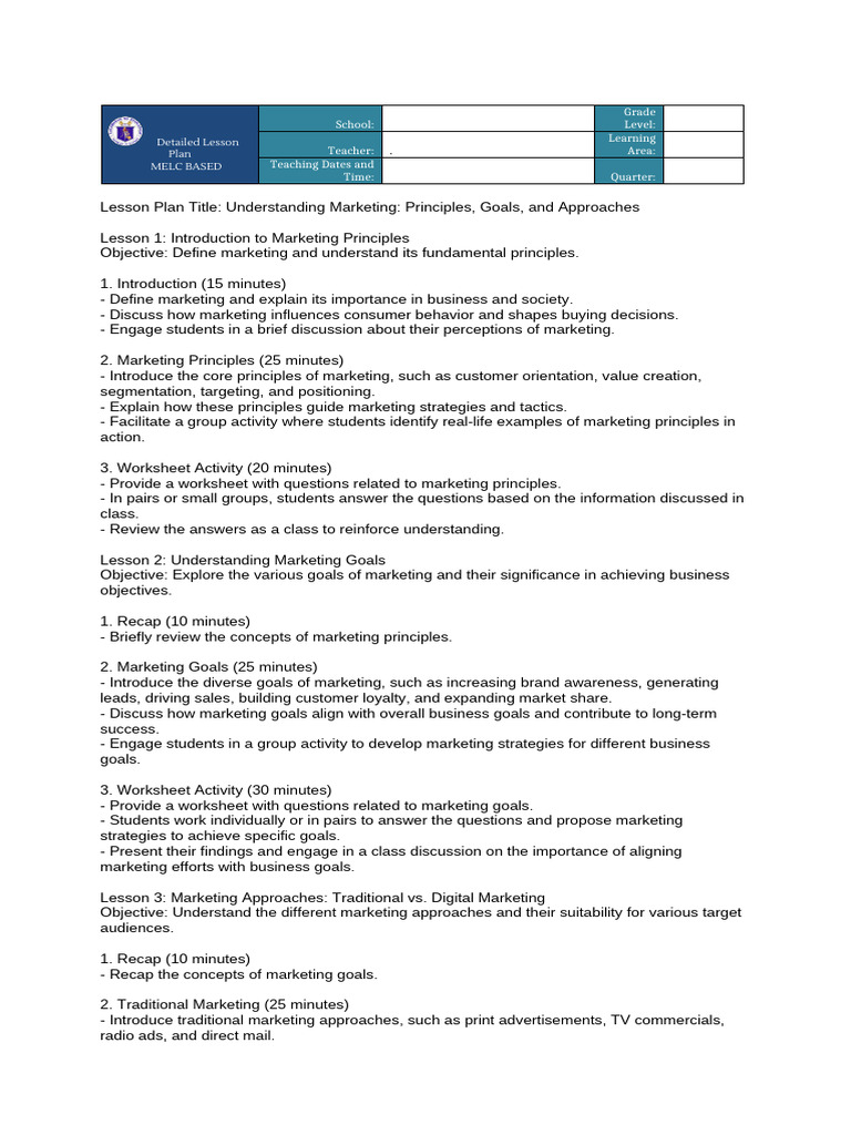 Principles of Marketing Q1 DLL | PDF | Market Segmentation | Marketing