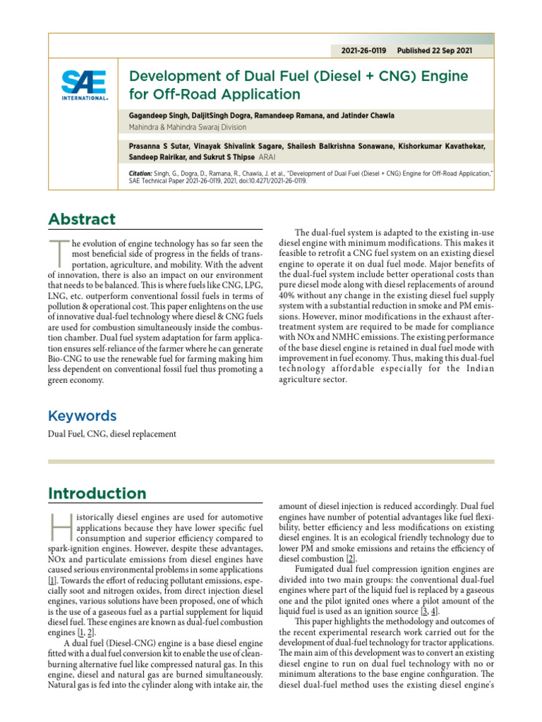 SAE-Development of Dual Fuel (Diesel + CNG) Engine | PDF | Diesel ...
