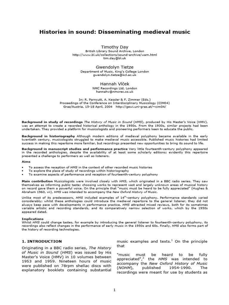 Hisoried in Sounds Disseminating Mediebal Music | PDF | Musicology ...