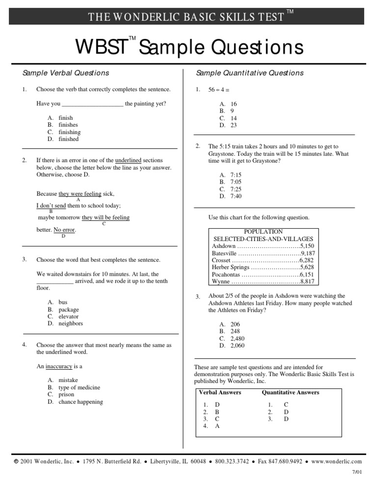 WBST Sample Questions: The Wonderlic Basic Skills Test | PDF | Teaching ...