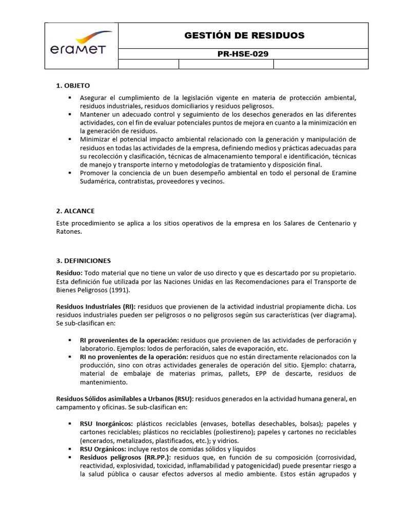 PR-HSE-029 (Gestion de Residuos) | PDF | Residuos | Residuos peligrosos