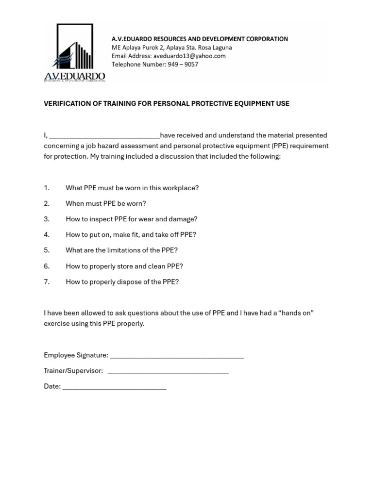 AVE PPE Verification of Training | PDF