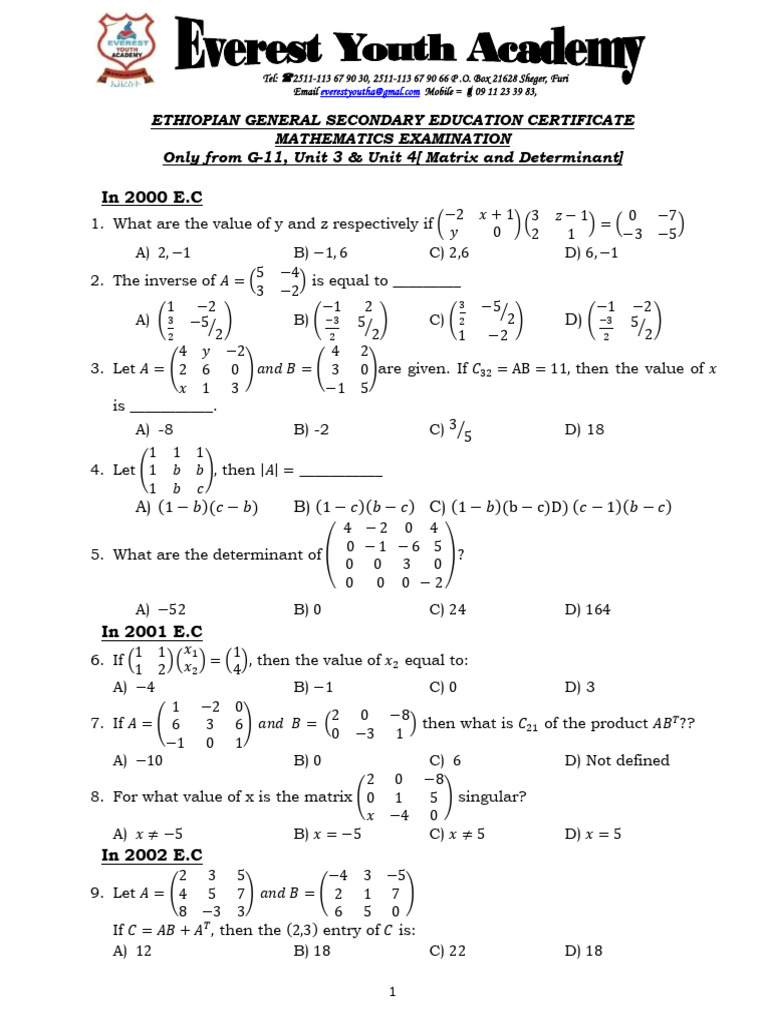Maths Grade - 11 (Unit 3 & Unit 4) | PDF | Matrix (Mathematics ...