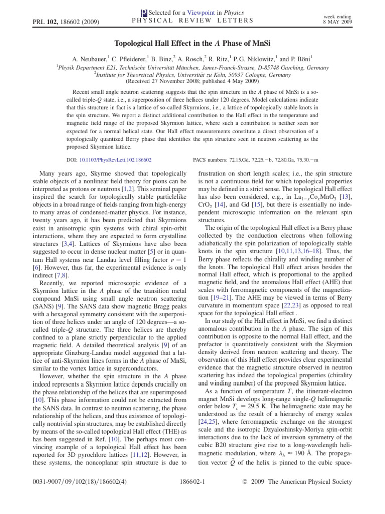 Topological Hall Effect in the a Phase of MnSi | PDF | Spin (Physics ...