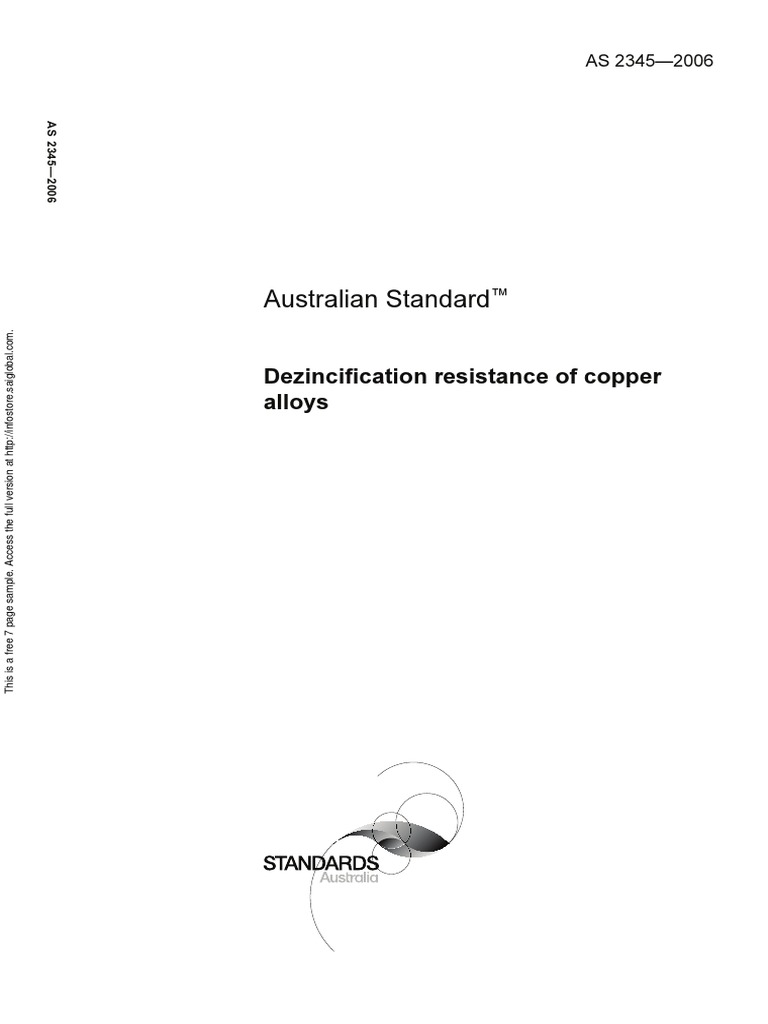 As 23452006 Dezincification Resistance of Copper Alloys PDF Brass Copper