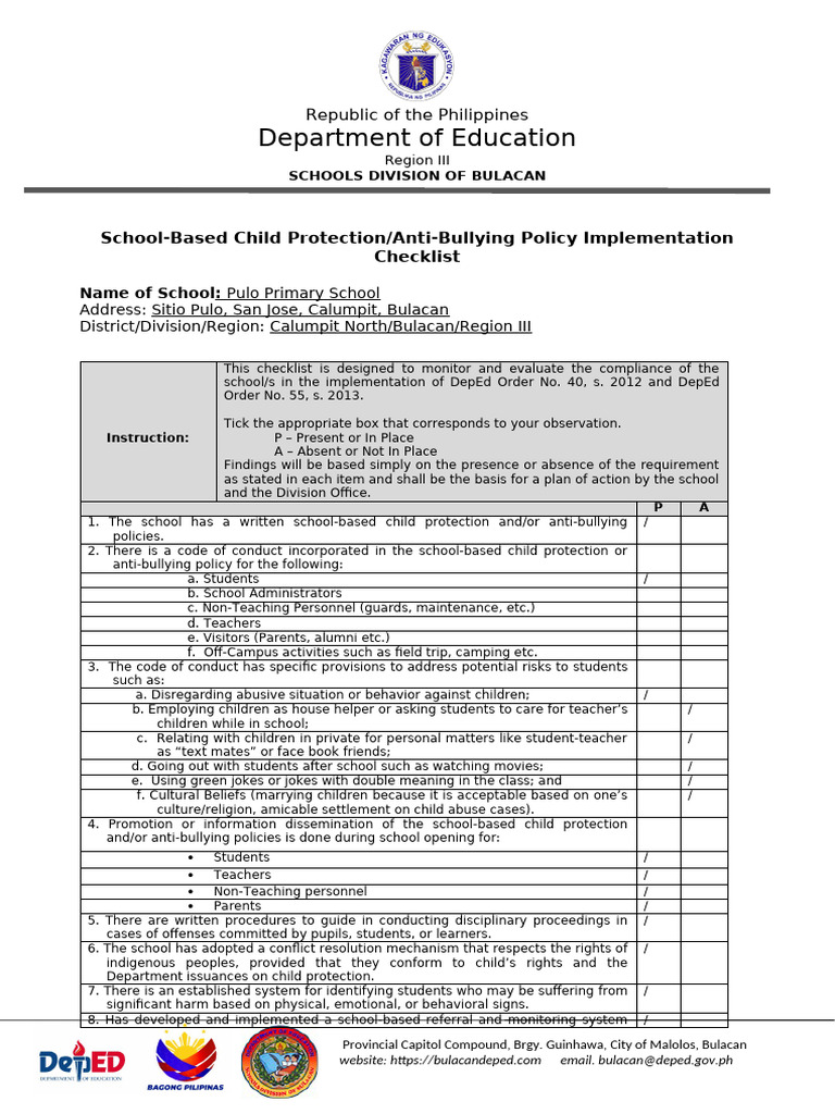 Pulo Ps Bullying Monitoring Tool | PDF | Bullying | Child Protection