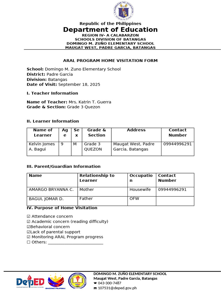 G3 QUEZON Aral Program Home Visitation Form 1 | PDF | Learning | Homework